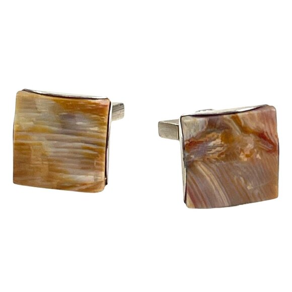 Vintage Silver-Tone & Brown Swirled Rectangular Cufflinks For Men - Picture 2 of 6